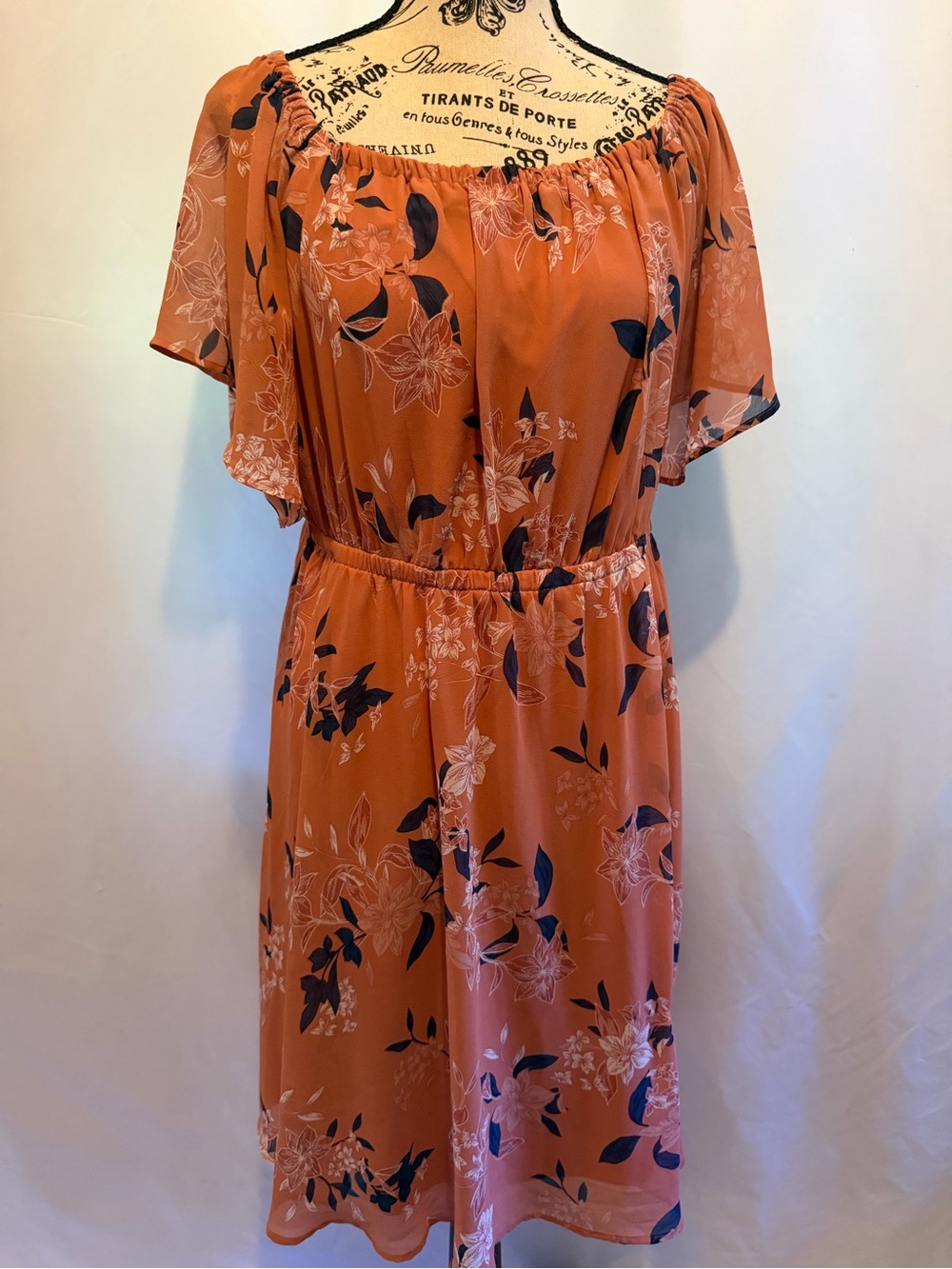 torrid Floral Off-Shoulder Midi Dress in Burnt Orange and Navy